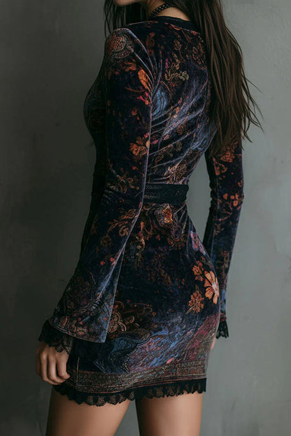 Robe mini élégante en velours imprimé floral, col en V, manches longues, coupe ajustée