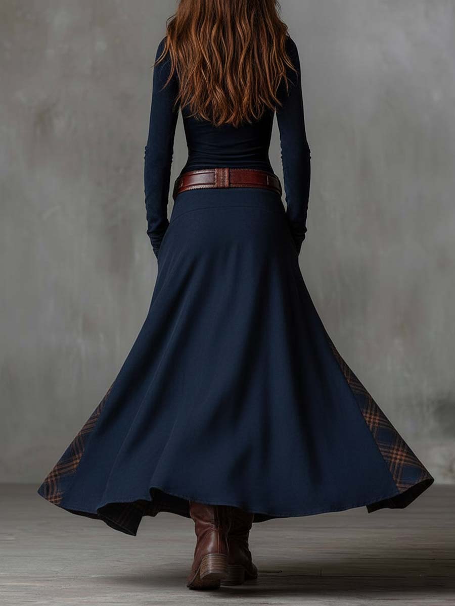 Robe longue maxi en daim patchwork vintage avec des panneaux à carreaux