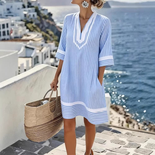 Boho V-Neck Short Sleeve Striped Dress