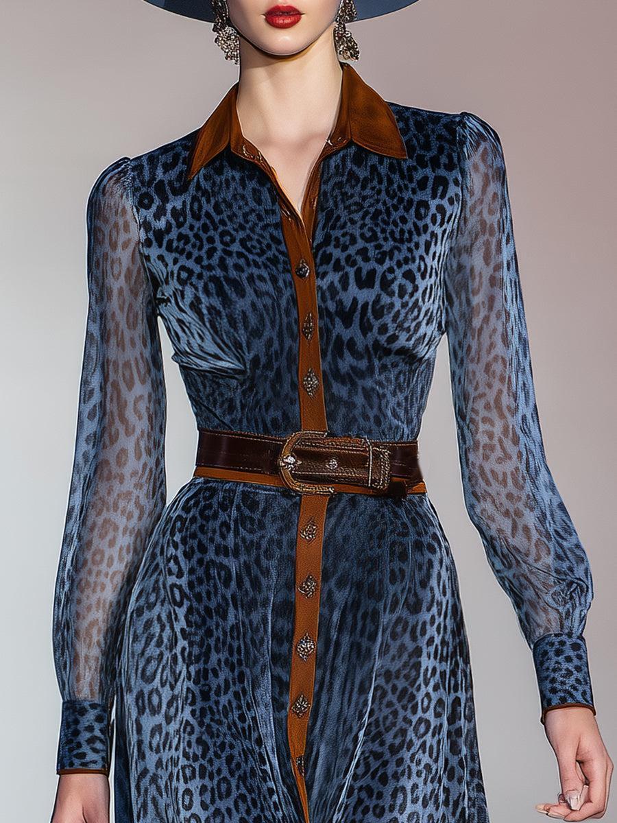 Robe midi bleue à manches longues à motif léopard