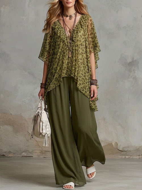 Loose And Cozy Leopard Print Chiffon Two-piece Set (top & Pants)