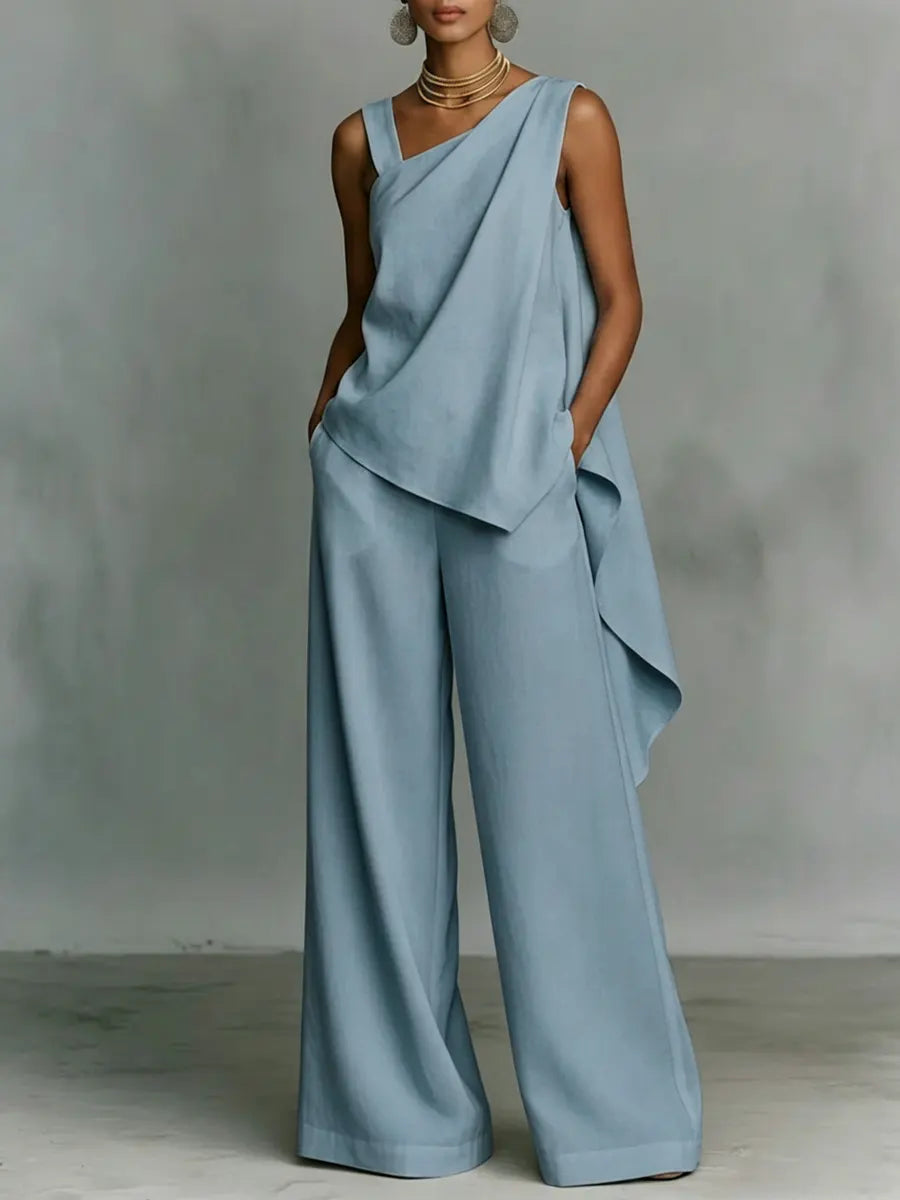 Women's Minimalist High-end Style White Asymmetrical Cotton-linen Suit