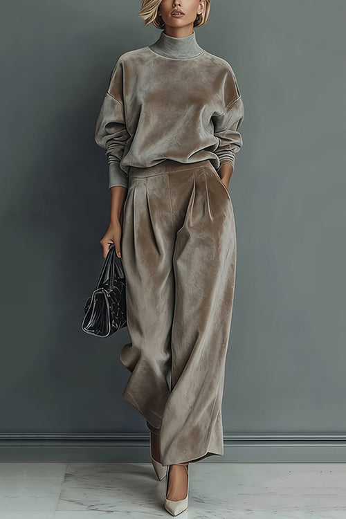 Ensemble haut à manches longues col roulé en velours élégant et pantalon large décontracté avec poches