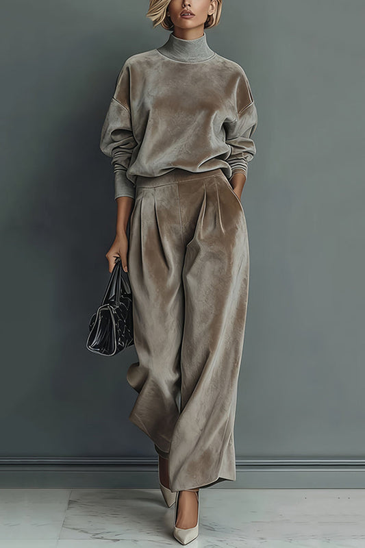 Ensemble haut à manches longues col roulé en velours élégant et pantalon large décontracté avec poches