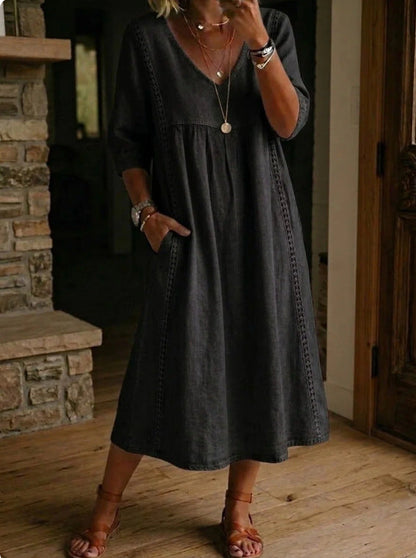 Robe midi élégante à col V en mélange de lin avec inserts en dentelle et poches | Robe décontractée d'été pour femmes