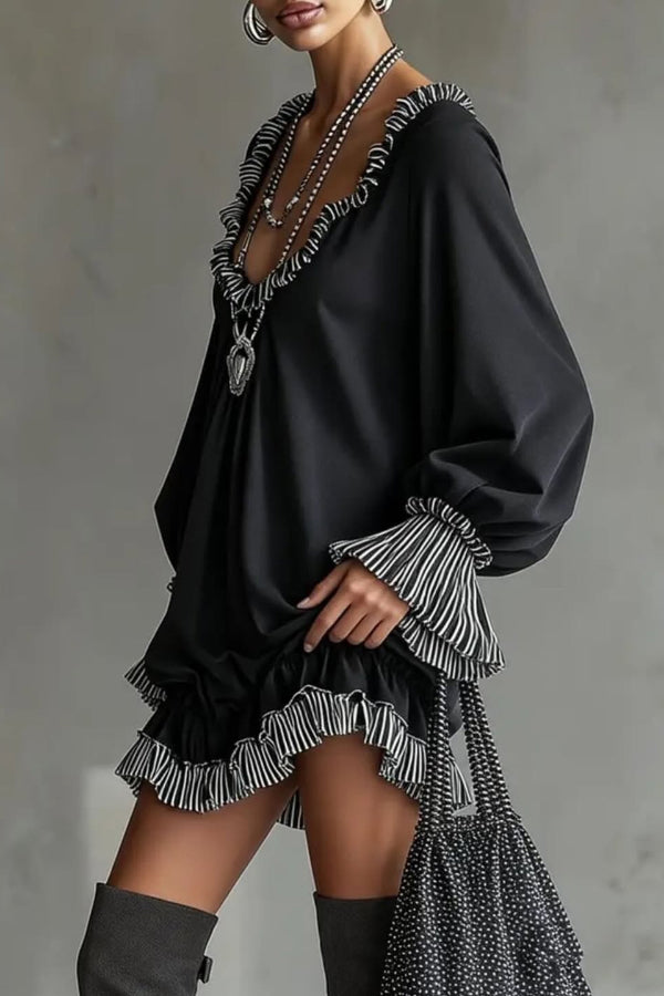 Robe mini décontractée à manches longues, ample et patchwork tendance, à volants et patchwork.