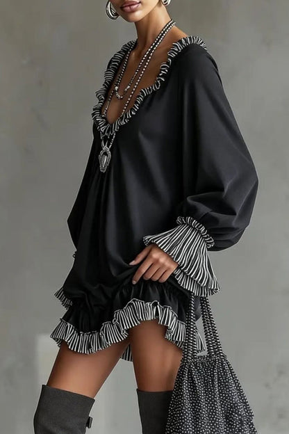 Robe mini décontractée à manches longues, ample et patchwork tendance, à volants et patchwork.