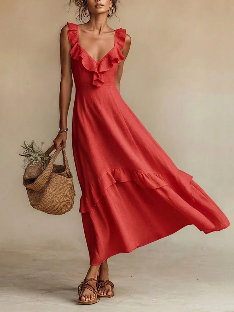 Robe longue maxi mélange lin à volants