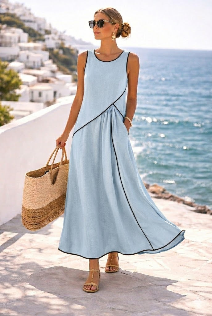Contrast Piping Sleeveless A-Line Maxi Dress With Side Pockets