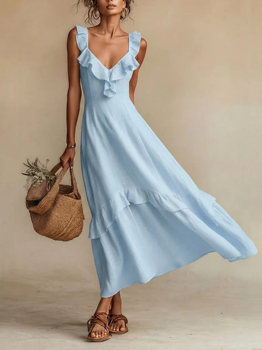 Robe longue maxi mélange lin à volants