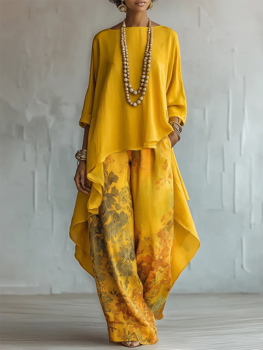 Women's Artistic Linen-Blend Asymmetrical Top & Floral Print Wide Leg Pants Two-Piece Set