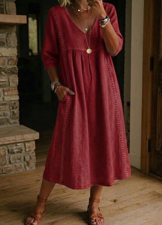 Robe midi élégante à col V en mélange de lin avec inserts en dentelle et poches | Robe décontractée d'été pour femmes