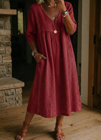 Robe midi élégante à col V en mélange de lin avec inserts en dentelle et poches | Robe décontractée d'été pour femmes