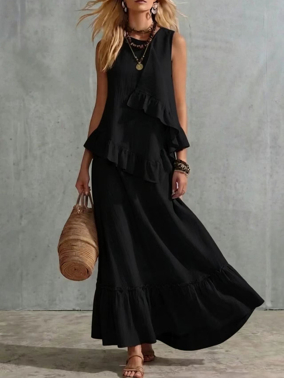 Asymmetrical Ruffle Sleeveless Textured Maxi Dress, Flowy Loose Summer Resort Long Dress
