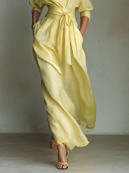 Robe‑chemise longue femme en mélange coton‑lin jaune citron, à taille nouée et manches mi‑longues