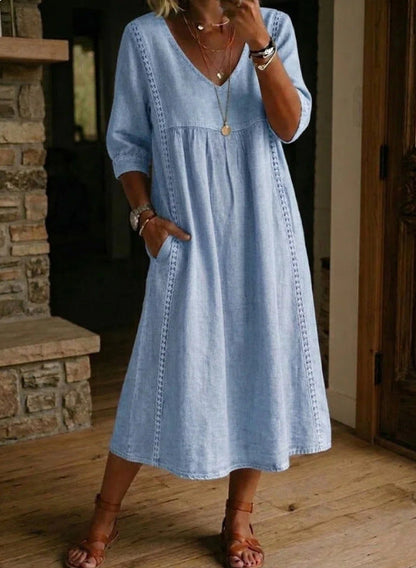 Robe midi élégante à col V en mélange de lin avec inserts en dentelle et poches | Robe décontractée d'été pour femmes