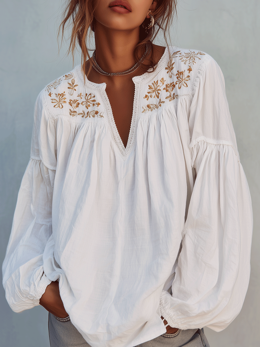 Blouse à manches longues en coton blanc brodé style bohème