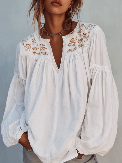 Blouse à manches longues en coton blanc brodé style bohème