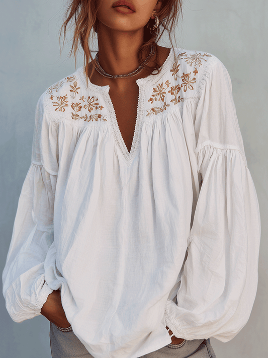 Blouse à manches longues en coton blanc brodé style bohème