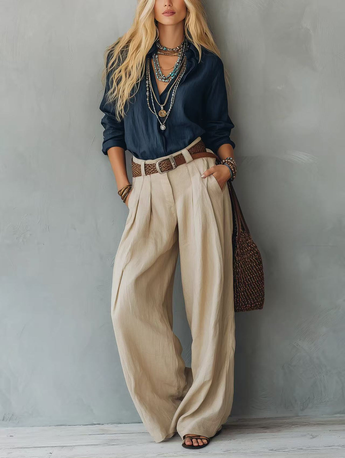 Navy Blue Loose Linen Shirt & Beige Pleated Wide Leg Linen Pants 2 Piece Boho Co-Ord Set