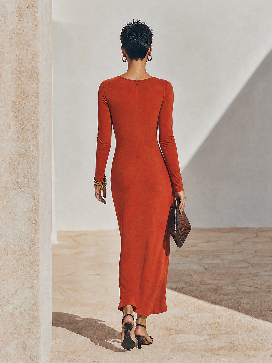 Women’s Solid Rust-Red Asymmetric Ruched Long-Sleeve Maxi Dress - DRESSES