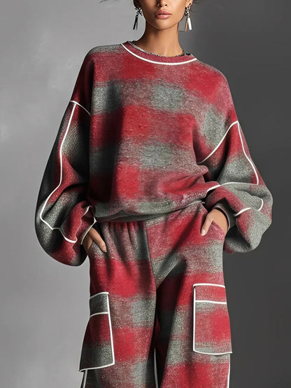 Ensemble deux pièces : sweat à blocs de couleur à carreaux rouge et gris et pantalon décontracté