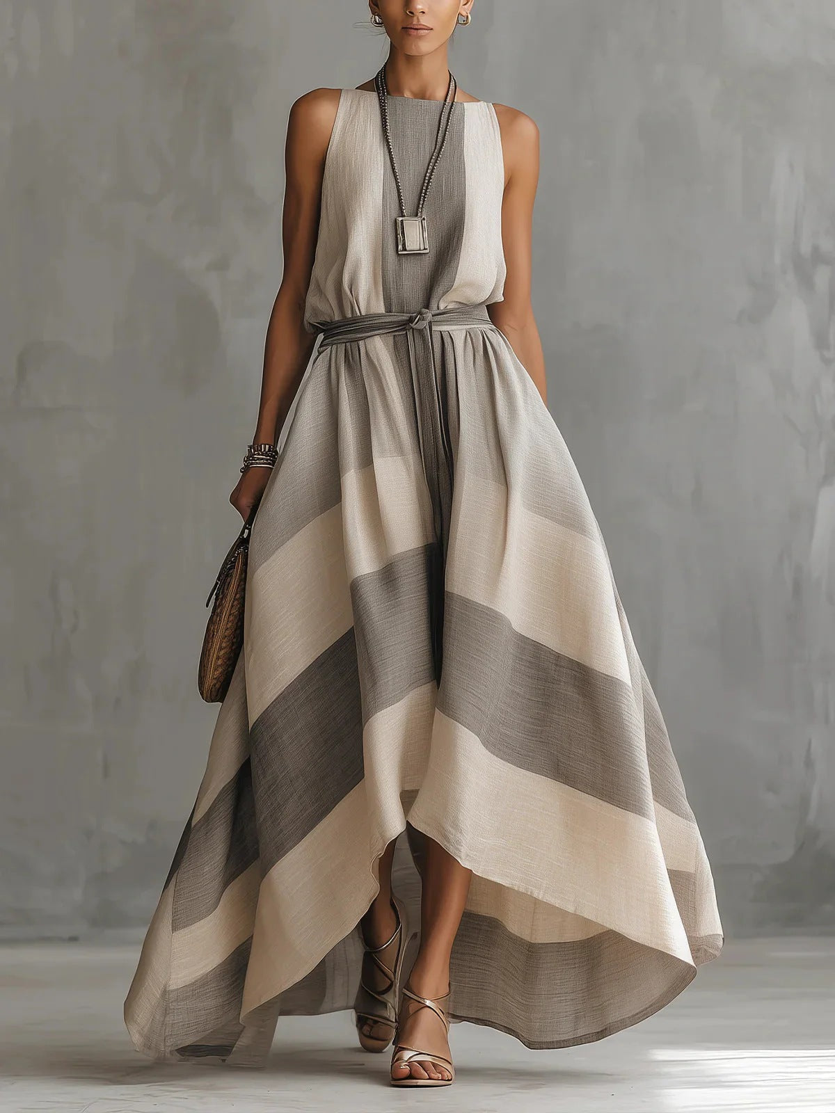 Robe maxi sans manches rayée en mélange de lin
