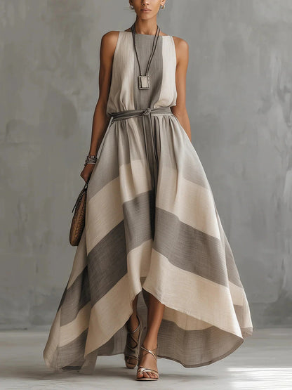 Robe maxi sans manches rayée en mélange de lin