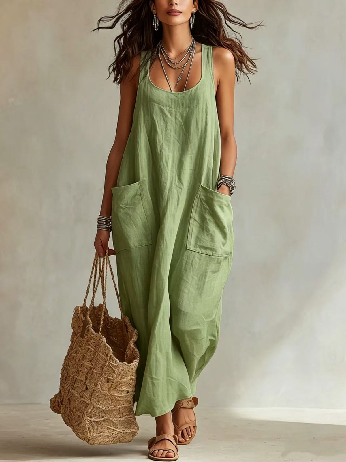 U-Neck Sleeveless Loose Pocket Maxi Dress, Casual Flowy Long Dress