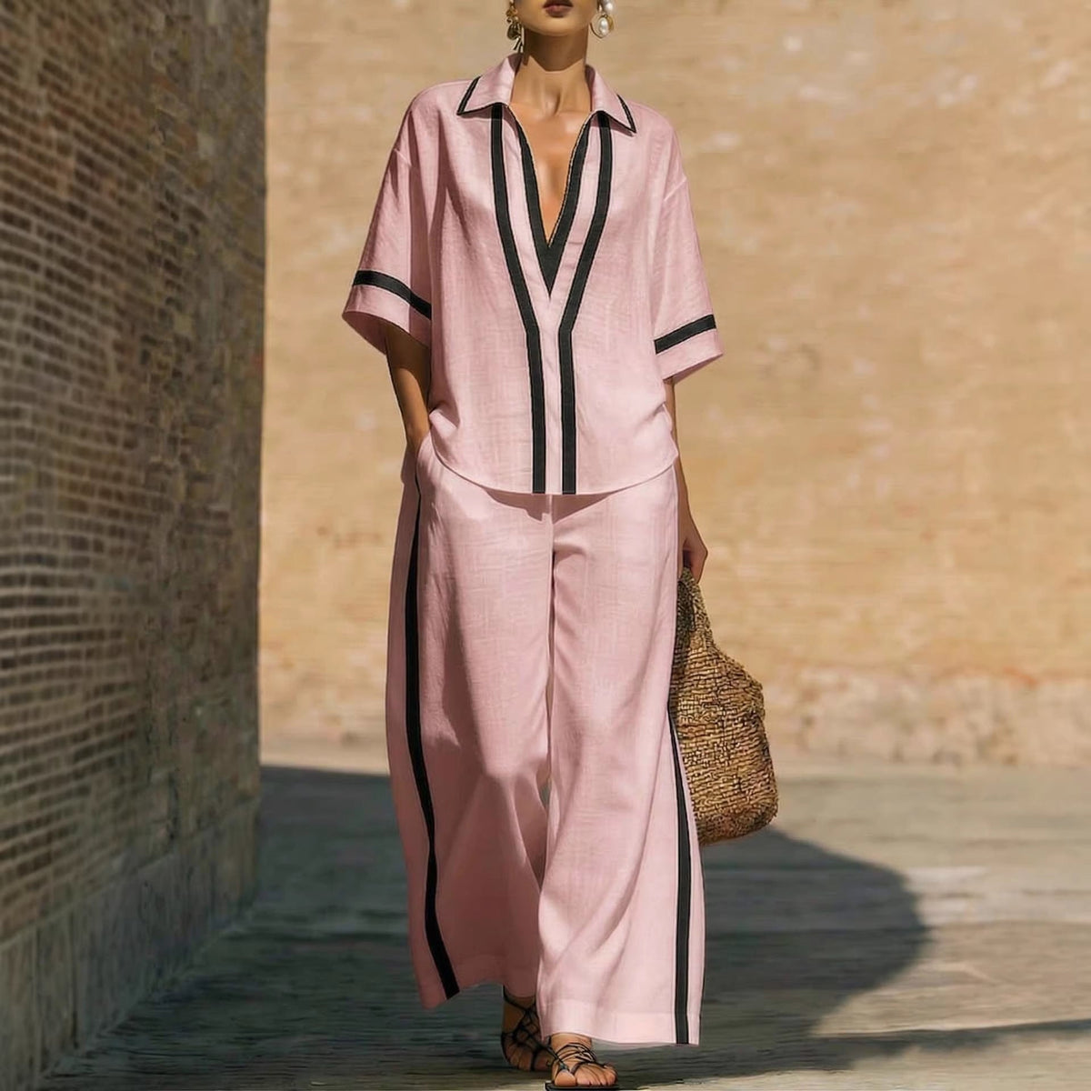 Ensemble deux‑pièces à blocs de couleurs tendance : chemise décontractée à manches courtes et pantalon à jambes larges
