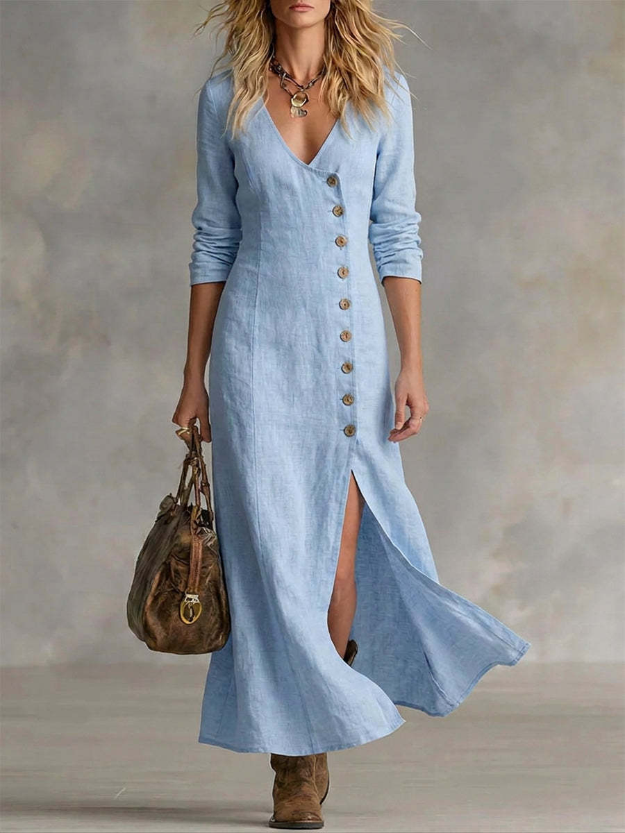 Robes longues mode en coton et lin à plusieurs boutons