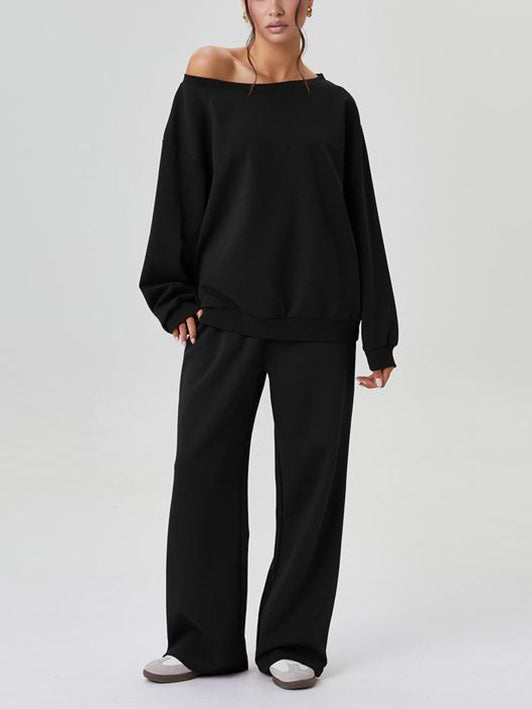 Ensemble haut à manches longues épaules découvertes et pantalon à jambes larges pour femme
