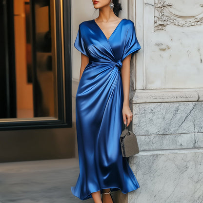 Robe midi à manches courtes unie avec col V unique