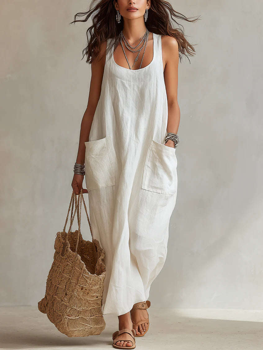 U-Neck Sleeveless Loose Pocket Maxi Dress, Casual Flowy Long Dress