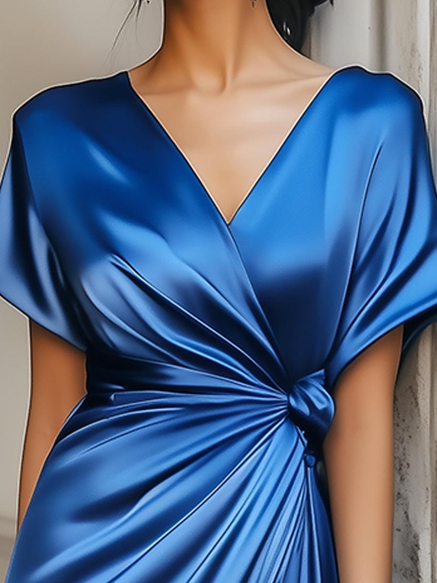 Robe midi à manches courtes unie avec col V unique