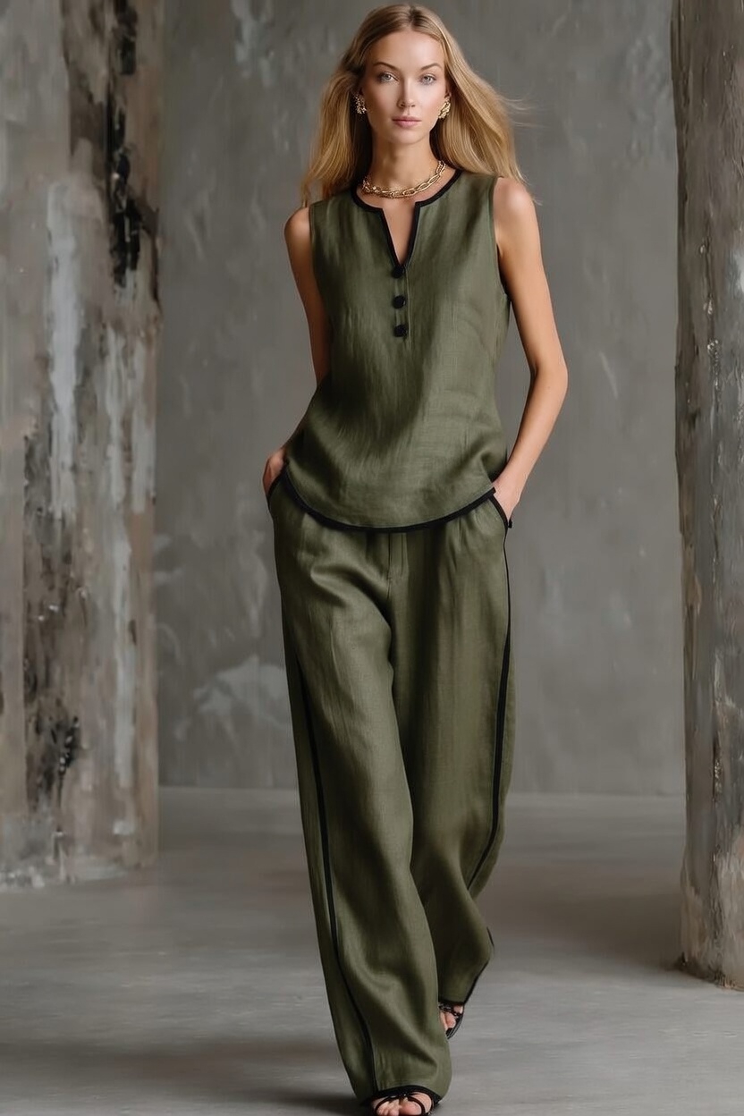Ensemble haut sans manches et pantalon ample en coton‑lin à blocs de couleur