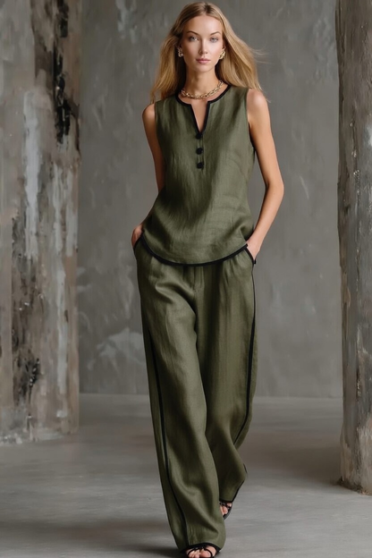 Ensemble haut sans manches et pantalon ample en coton‑lin à blocs de couleur