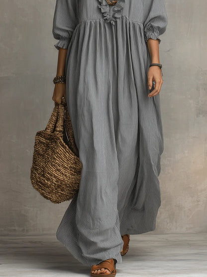 Women's Striped Art Print Casual Stylish Ruffled Vacation Maxi Dress