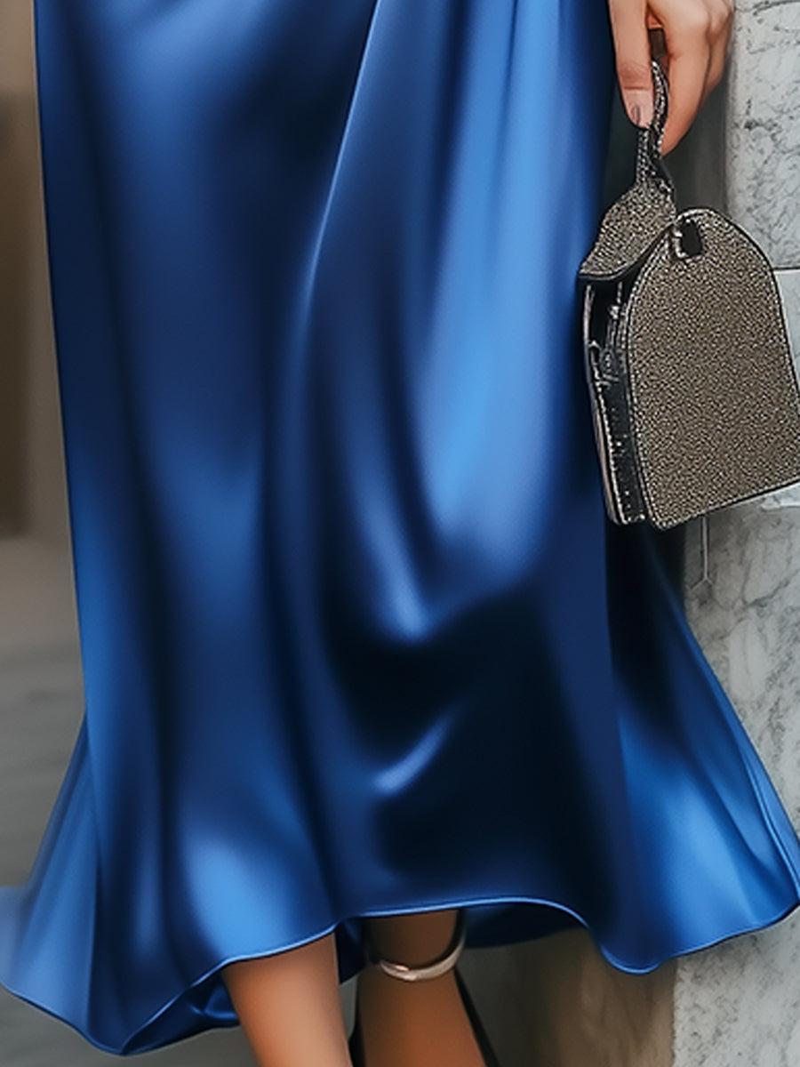 Robe midi à manches courtes unie avec col V unique