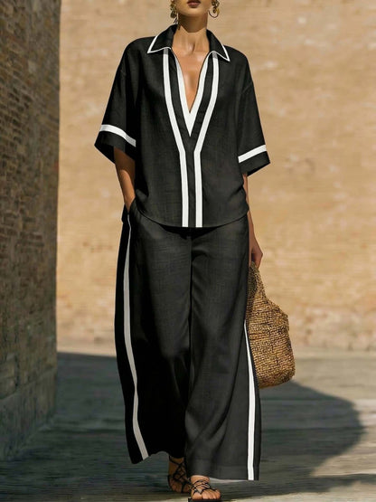 Ensemble deux‑pièces à blocs de couleurs tendance : chemise décontractée à manches courtes et pantalon à jambes larges