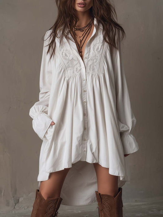 Robe courte à manches longues, style rétro, avec dentelle et ourlet irrégulier