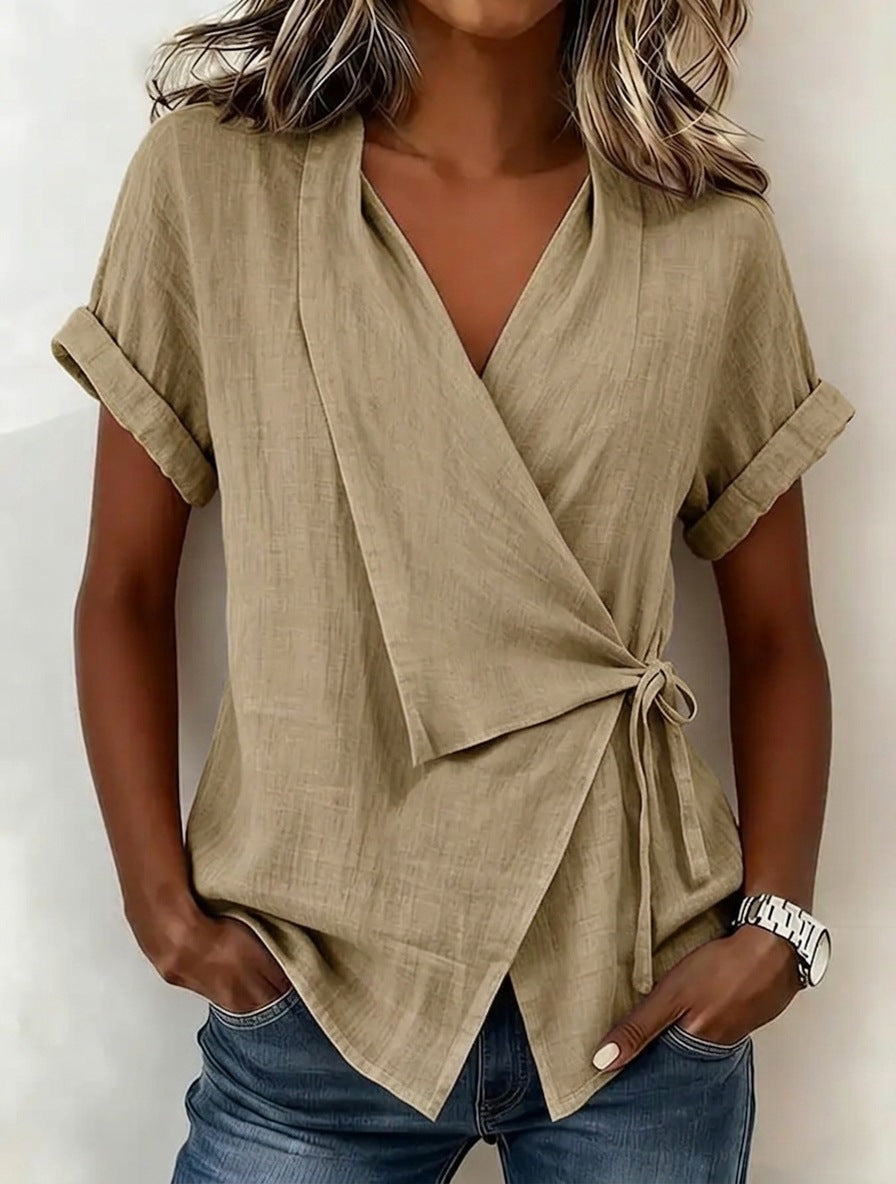 Wrap Tie Waist Linen Blend Short Sleeve V-Neck Blouse