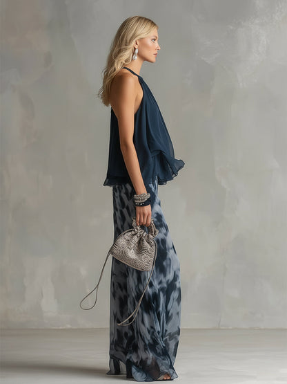 Ensemble en mousseline : haut élégant bleu marine urbain à col licou et pantalon large à imprimés