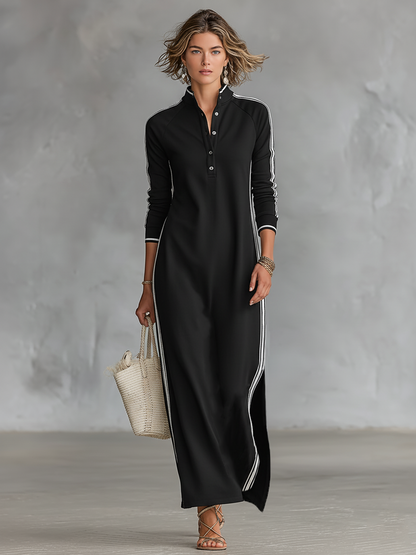 Robe sweat maxi minimaliste à col boutonné avec finitions blanches