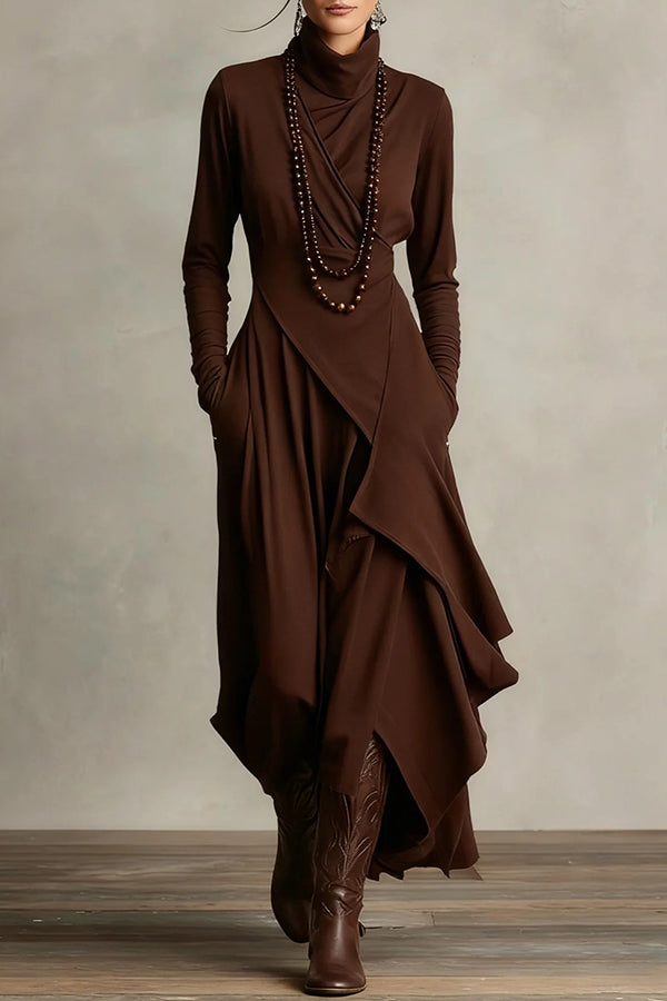 Robe maxi décontractée unie à col montant et manches longues, coupe asymétrique