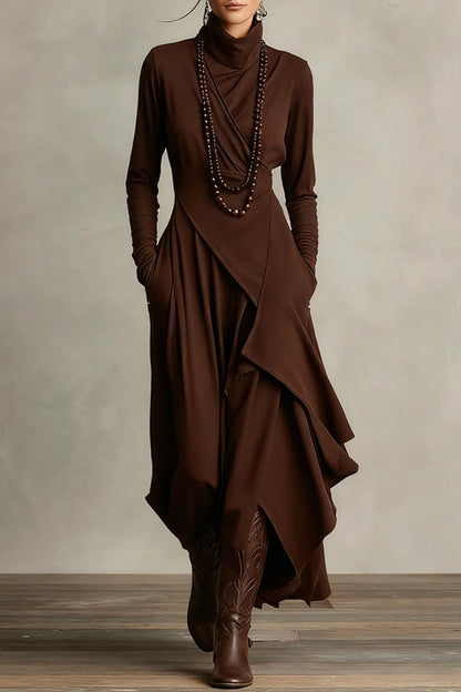 Robe maxi décontractée unie à col montant et manches longues, coupe asymétrique
