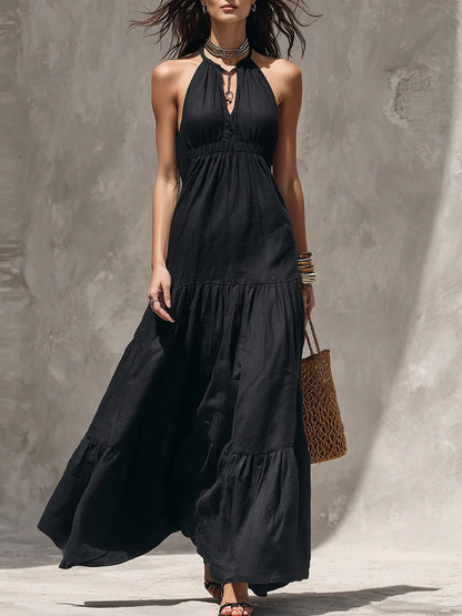 Halter Keyhole Neck Crinkled Tiered Maxi Dress