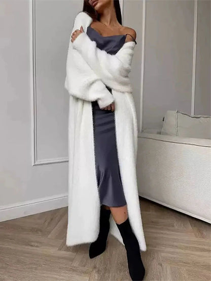 Veste ample d'automne‑hiver douce et pelucheuse pour femme, long gilet tricoté blanc imitation vison