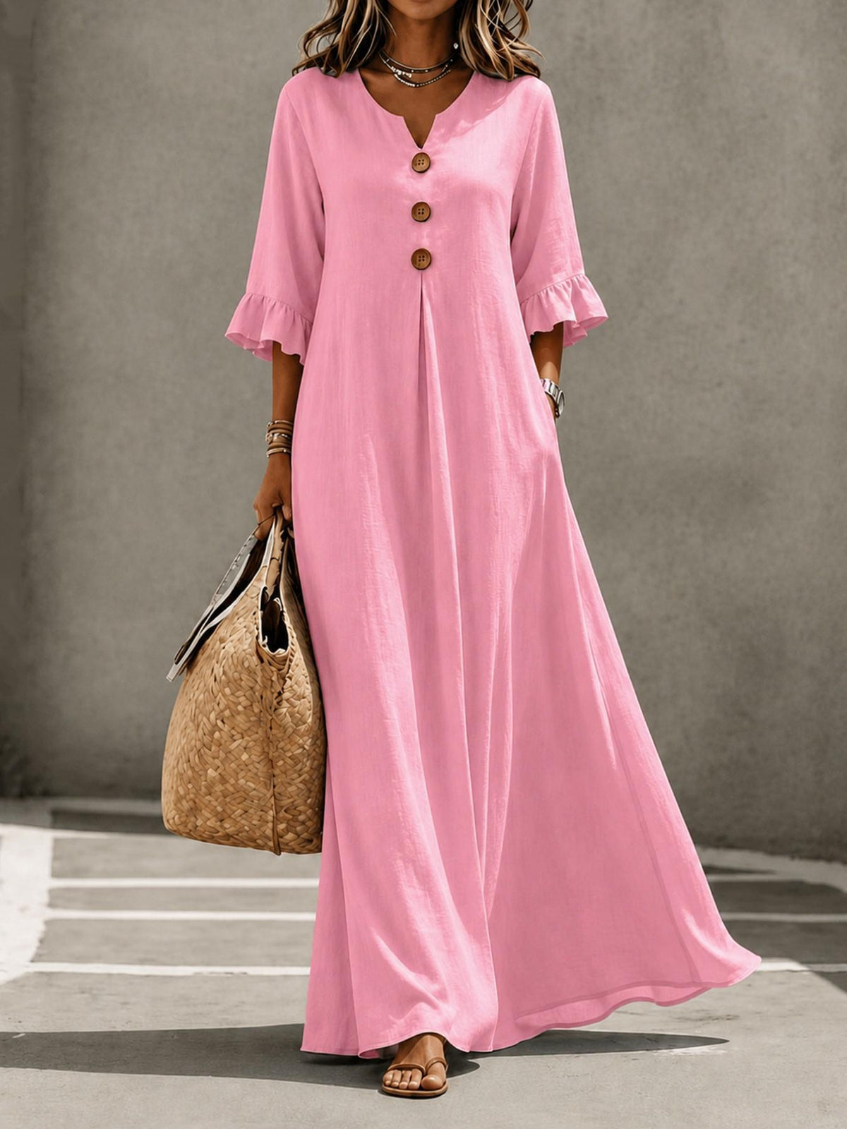 V-Neck Ruffle Sleeve Linen Maxi Dress