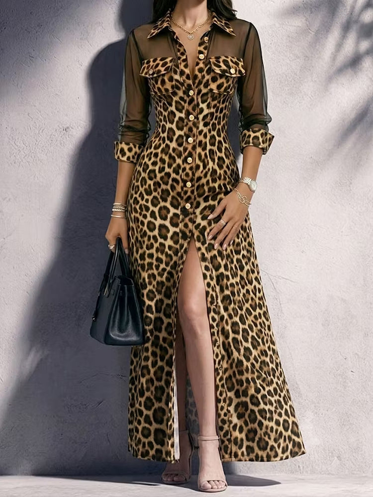 Leopard Print Mesh Sleeve Maxi Shirt Dress